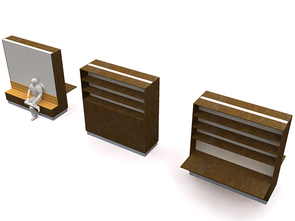 modular mobile furniture used for book storage, seating and work stations